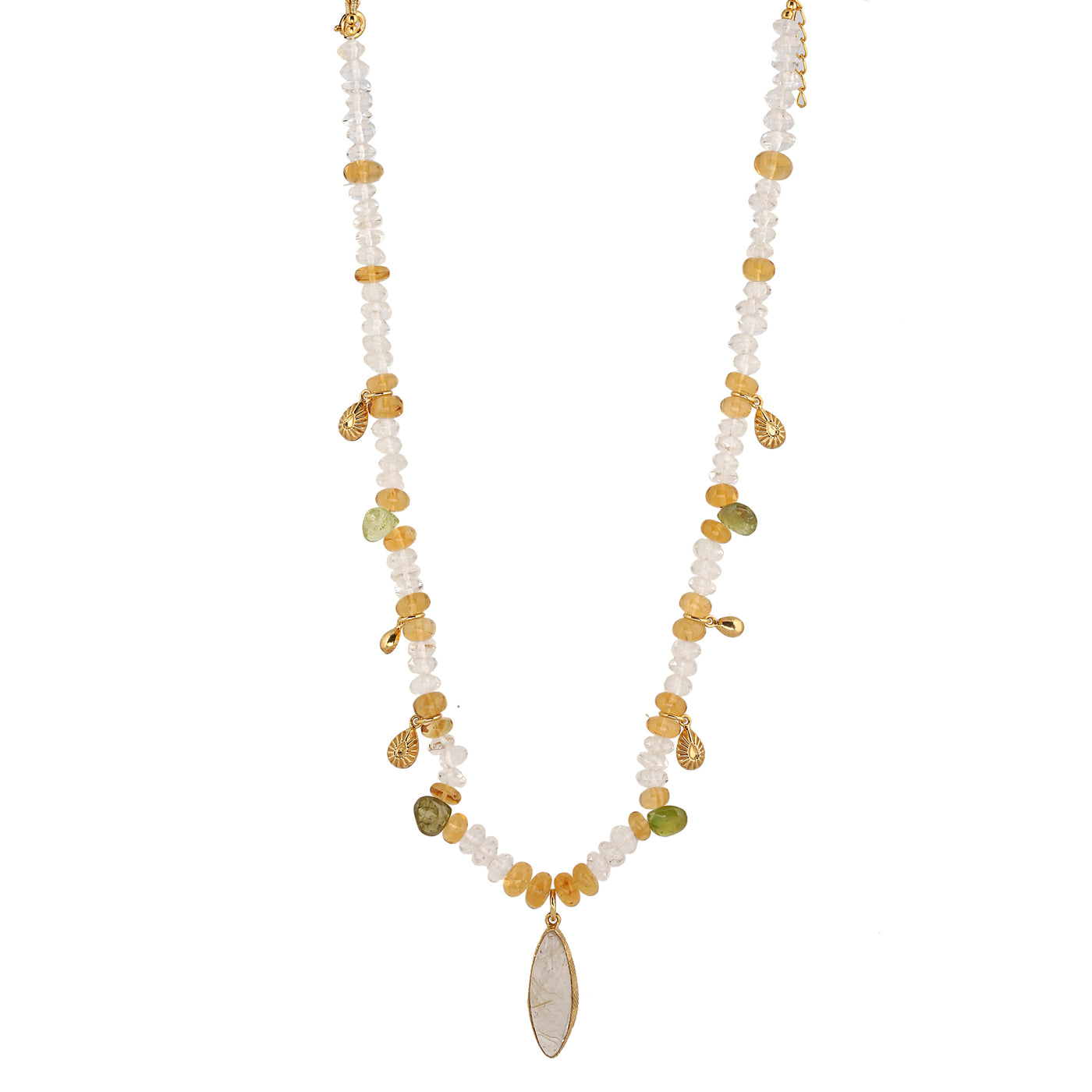 Tako necklace with crystal, citrine, green garnet and center piece golden rutiled