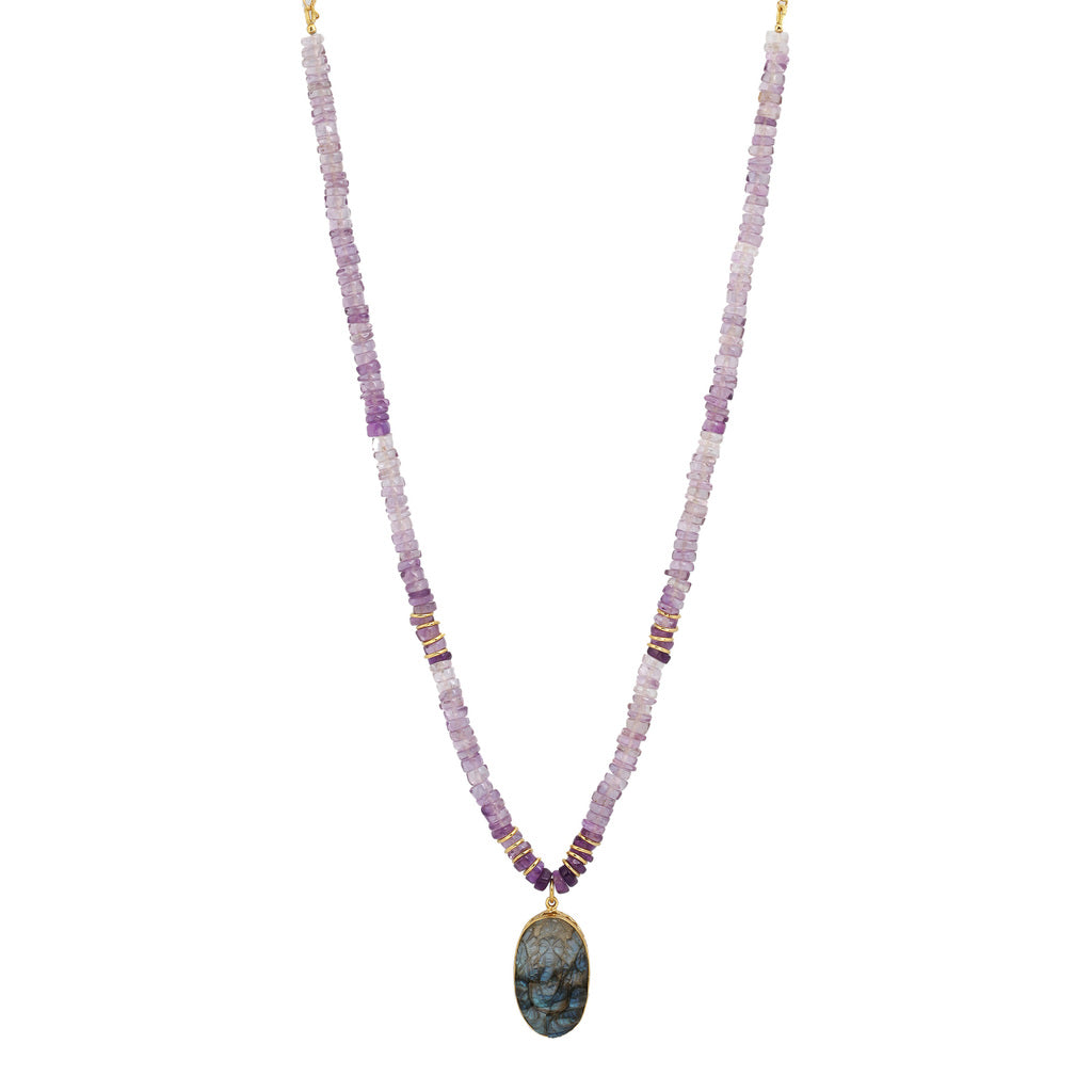 Ganesh necklace with amethyst beads and Labradorite pendant