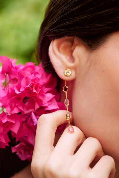 mini sun, tourmaline stone, short earrings, gold plated, sun shape design