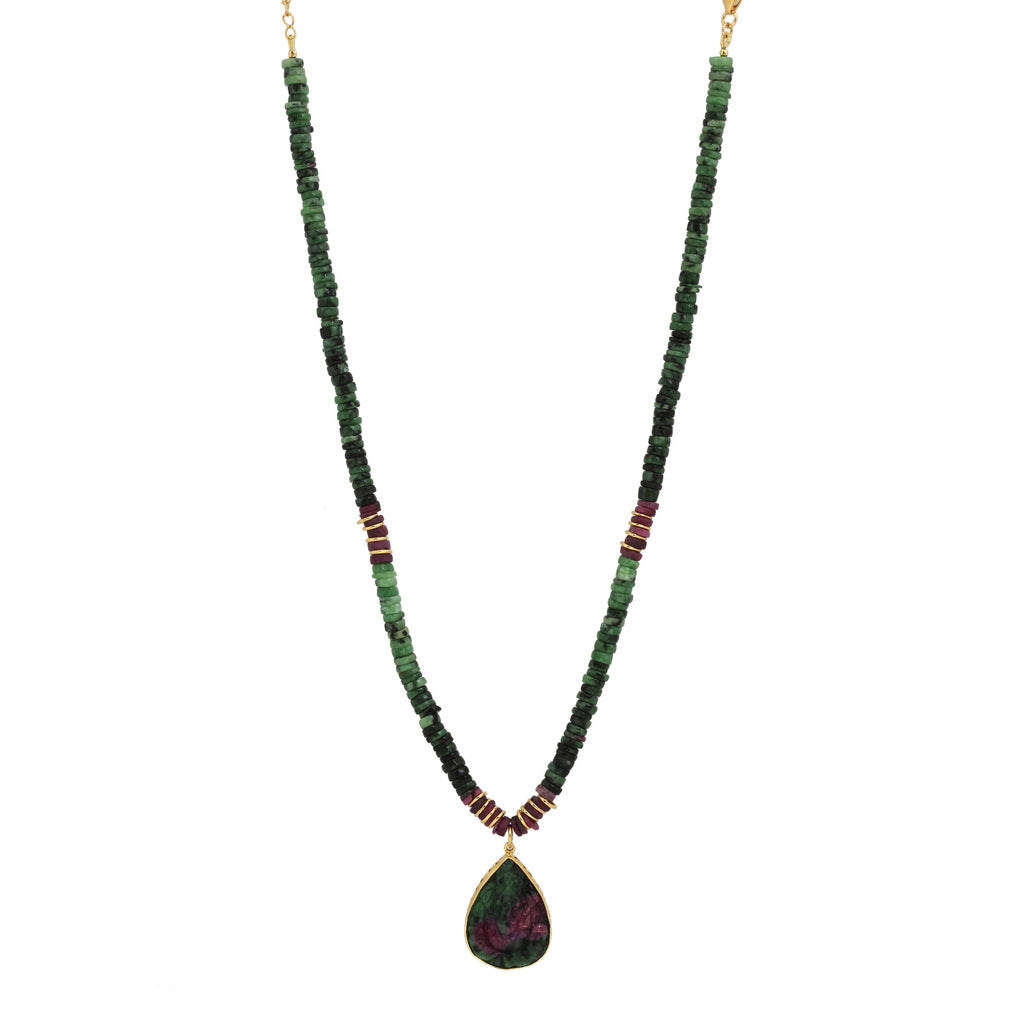 Tunda necklace with beads and ganesh in ruby zoisite