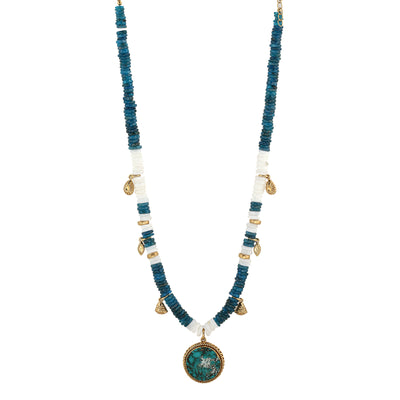 Baw necklace in apatite and white opal with turquoise center-piece