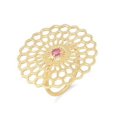 Bee honey comb statement ring with pink tourmaline