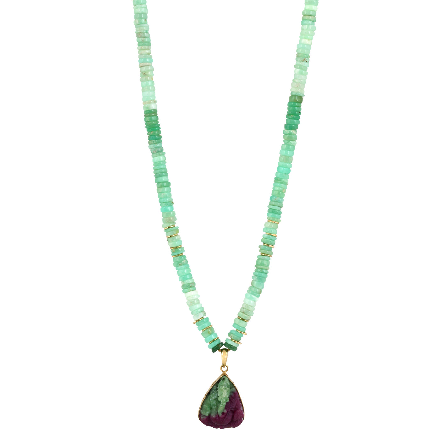 Tunda necklace with chyrsoprase and ganesh in ruby zoisite
